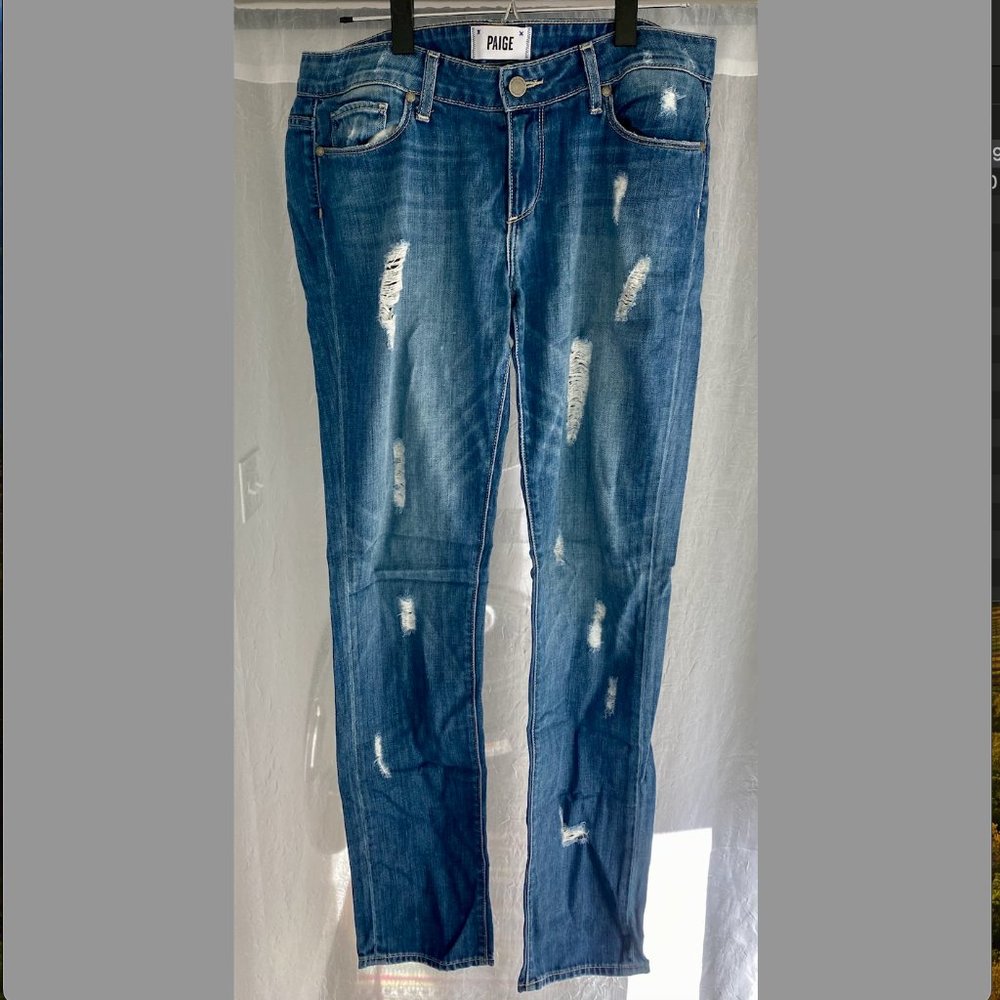 PAIGE women's size 28 mid-rise distressed straight leg boyfriend jeans